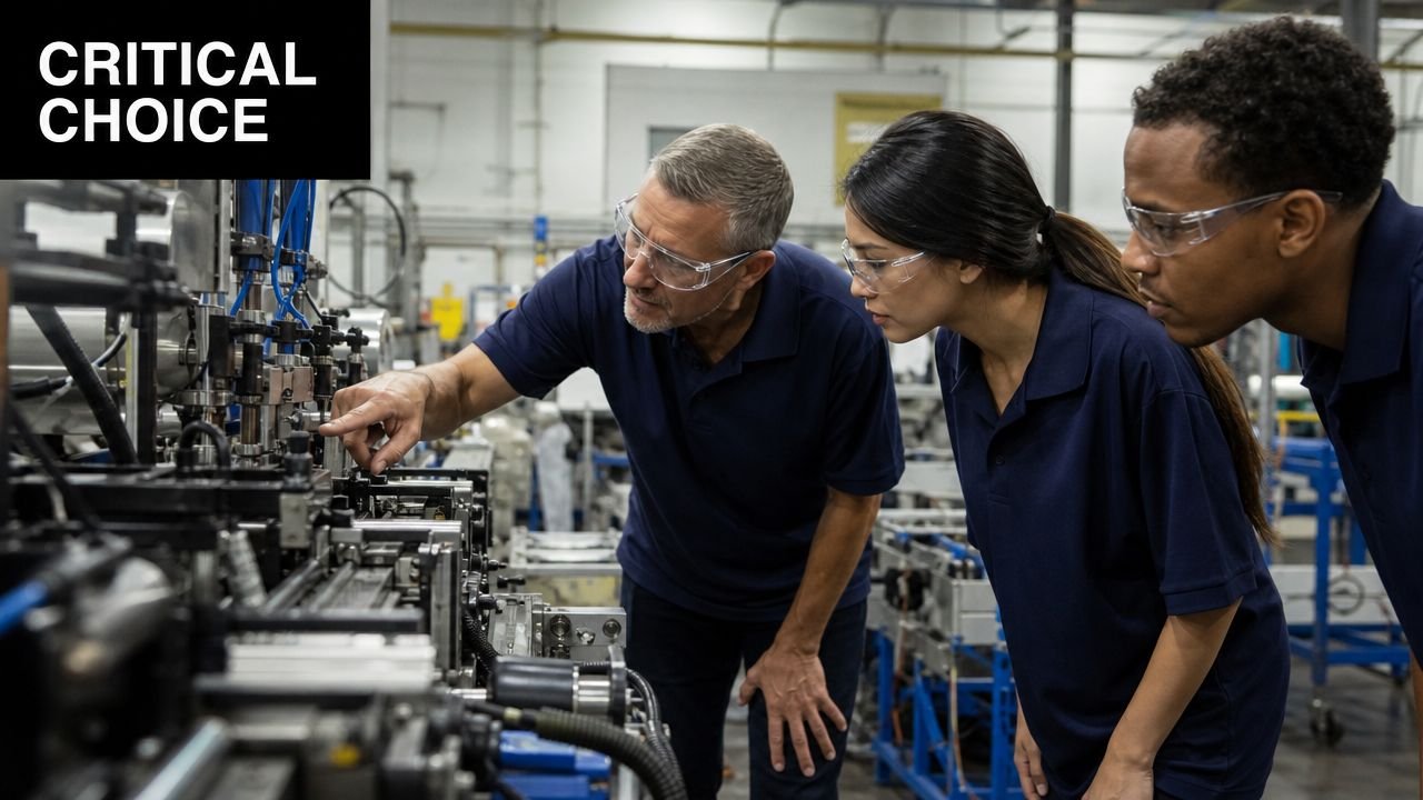 A male supervisor and two young trainees in blue polo shirts inspecting industrial machinery in a factory.