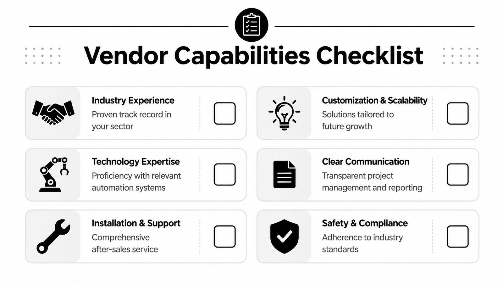 A Vendor Capabilities Checklist graphic outlining key factors for evaluating industrial automation companies for professional services.