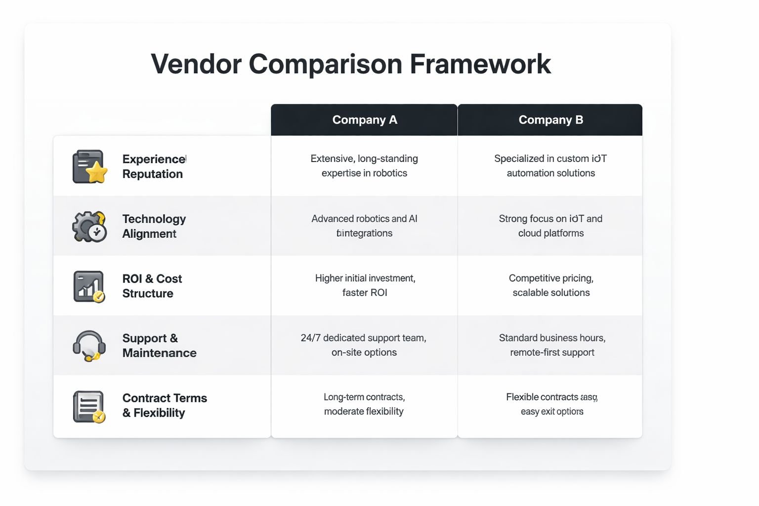 A comparison table outlining key differences between Company A and Company B for industrial automation services.