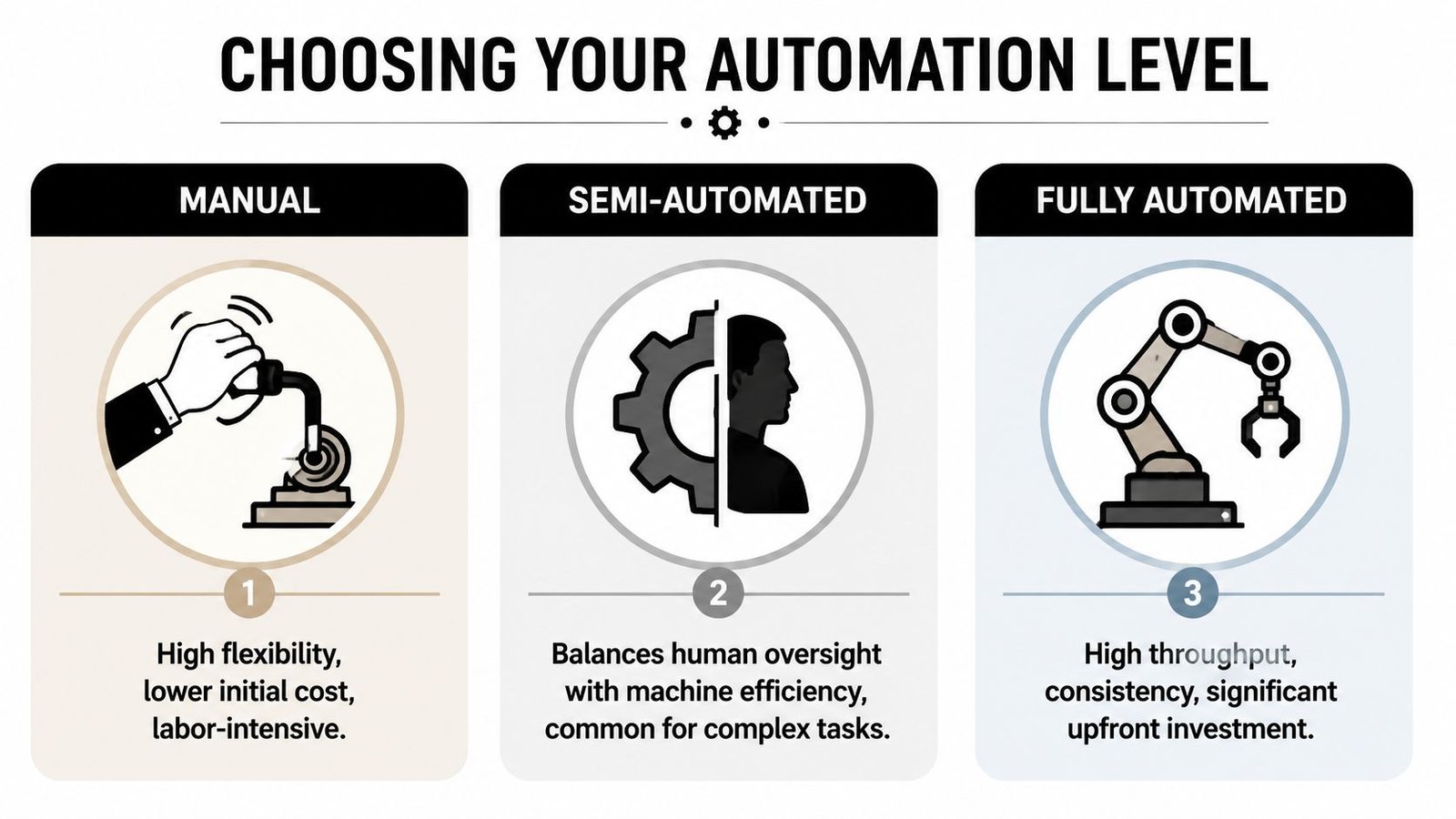 A diagram illustrating three levels of automation: manual, semi-automated, and fully automated industrial processes.