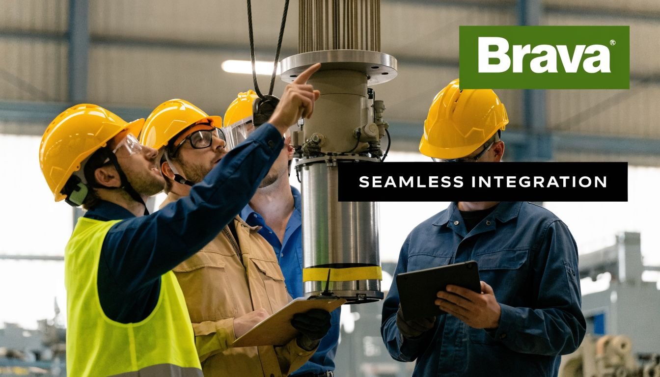 A team of engineers in hard hats examining industrial machinery together in a factory setting.