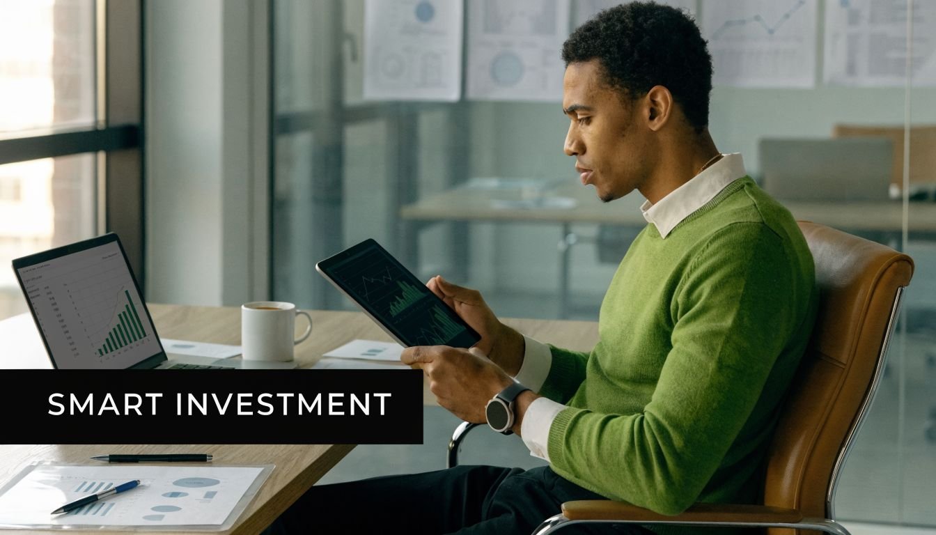 A young man in a green sweater reviewing financial charts on a tablet in an office setting.