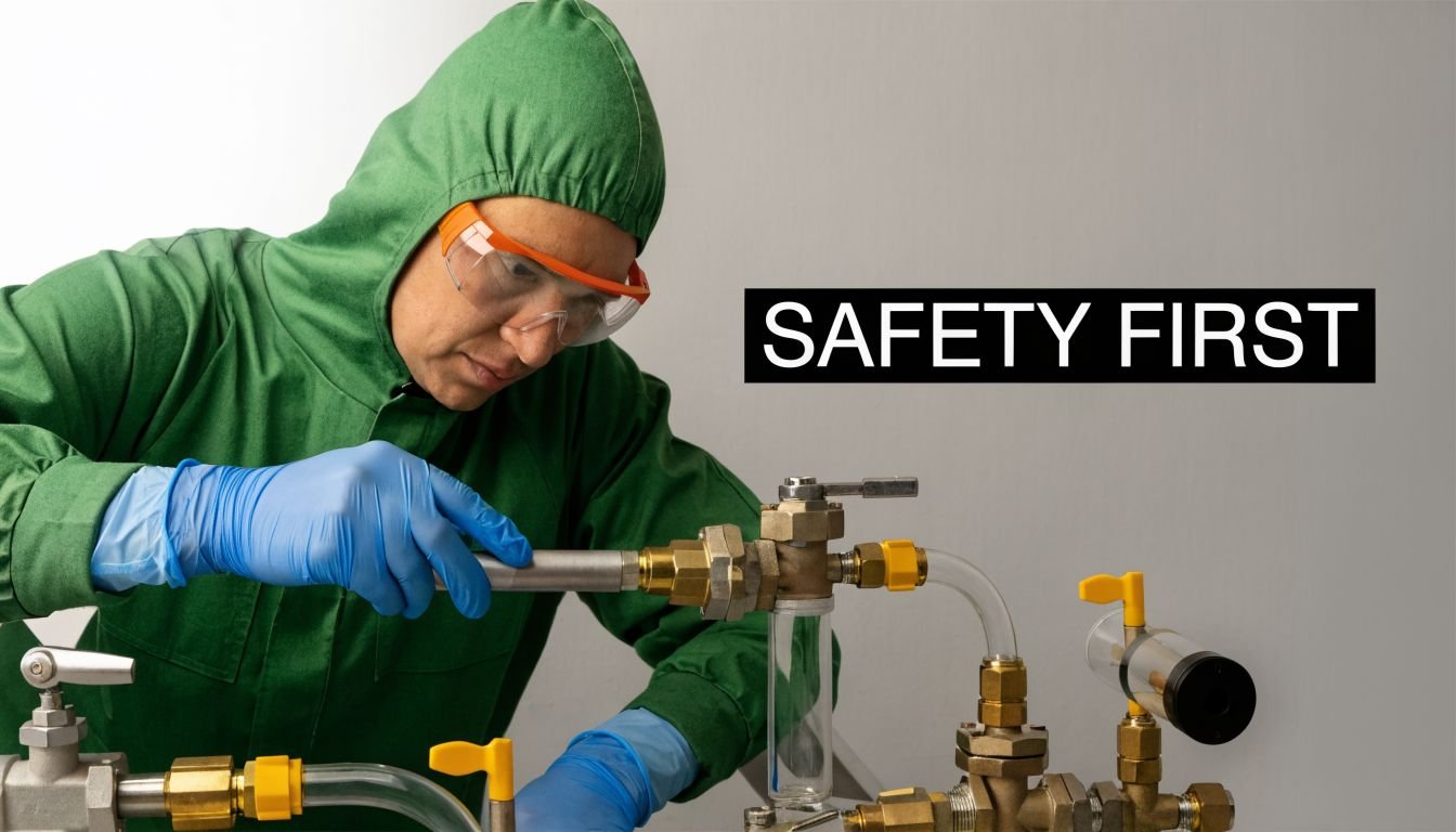 A technician in a green protective suit and goggles working on complex industrial pipeline machinery