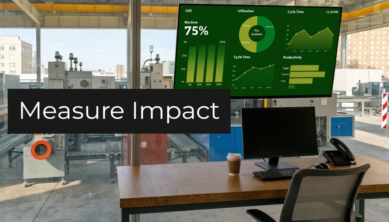 A modern factory control room displays real-time production analytics on a large wall-mounted monitor screen.