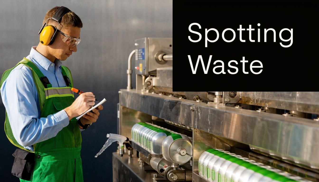 A factory worker in protective gear takes notes while inspecting industrial machinery on a manufacturing line.