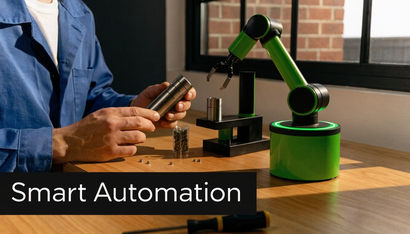 A person working with a robotic arm on a smart automation assembly project at a wooden workbench.