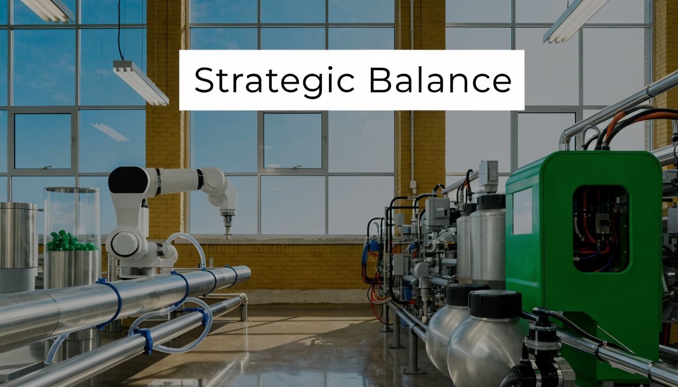 A robotic arm operates along an industrial assembly line in a clean, modern manufacturing factory facility.