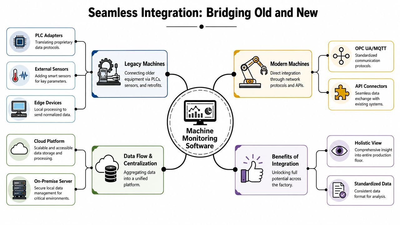 A diagram illustrating how machine monitoring software integrates data from legacy and modern industrial factory machines.