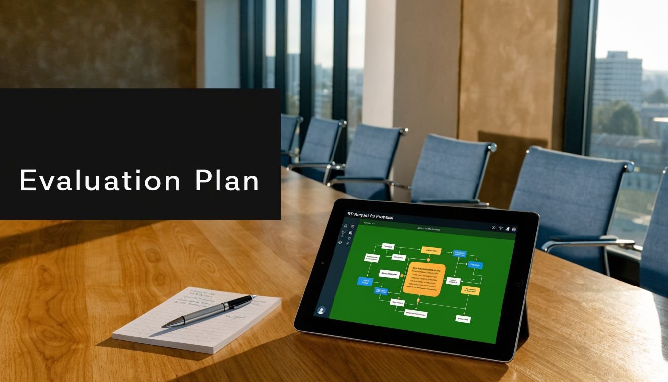 A digital tablet displaying an evaluation flow chart on a wooden conference room table with a notepad.