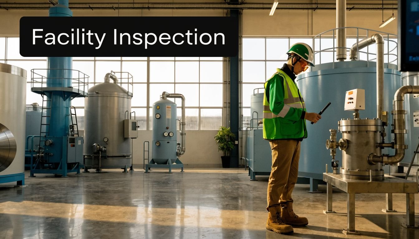 An industrial worker in safety gear inspects machinery inside a large manufacturing facility during the day.