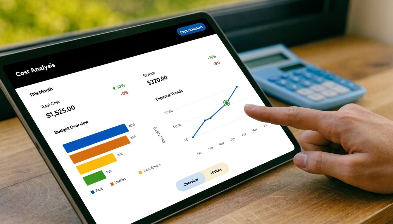 A hand touching a tablet screen showing financial cost analysis charts and budget overview data.
