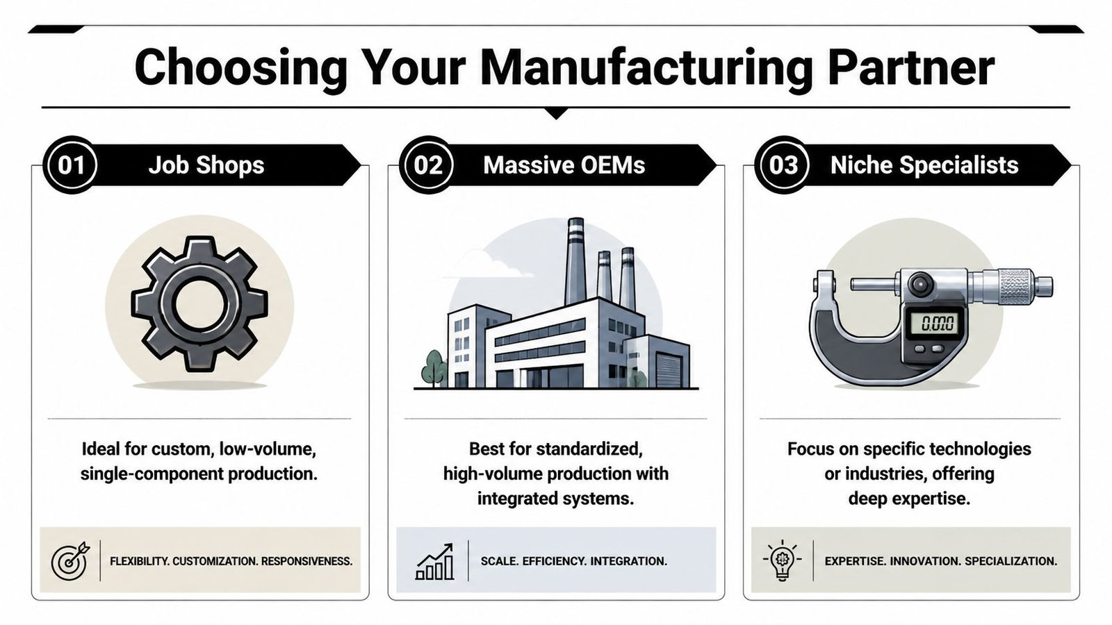 A comparison guide for choosing manufacturing partners, outlining job shops, massive OEMs, and niche specialists.