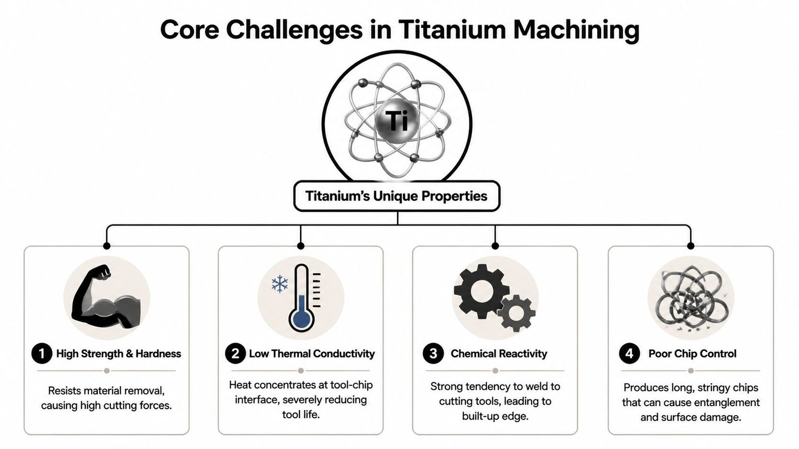 An infographic titled Core Challenges in Titanium Machining, outlining four key difficulties like high strength and reactivity.