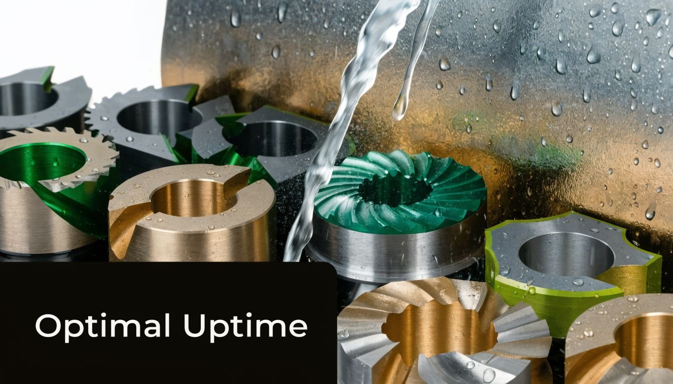 A close-up shot of various industrial metal cutting tools undergoing a cooling process during machining operations.