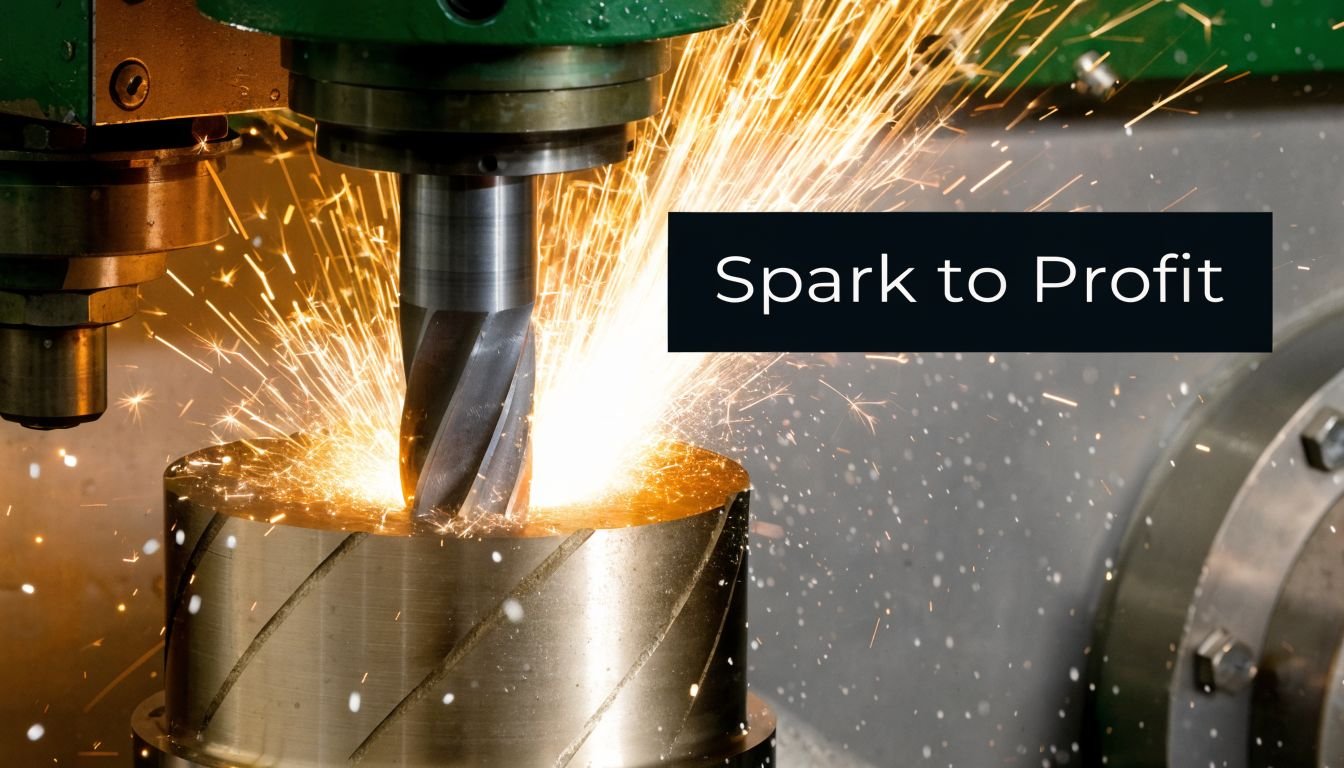 A close-up view of a metal machining process showing sparks flying as a tool cuts into titanium.