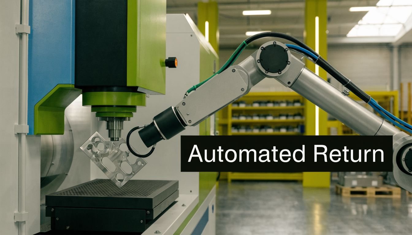 A robotic arm placing a metal part into a precision CNC machining center in a factory.