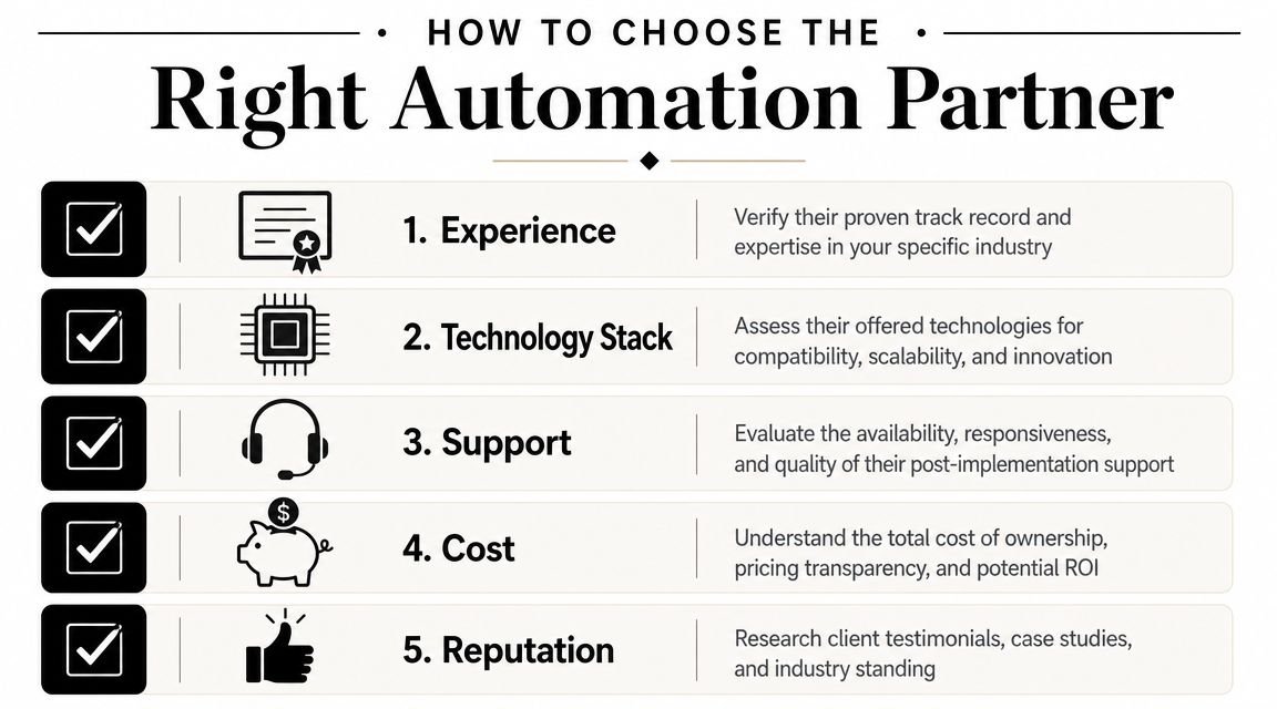 A five-point checklist guide for businesses on how to choose the right automation partner.