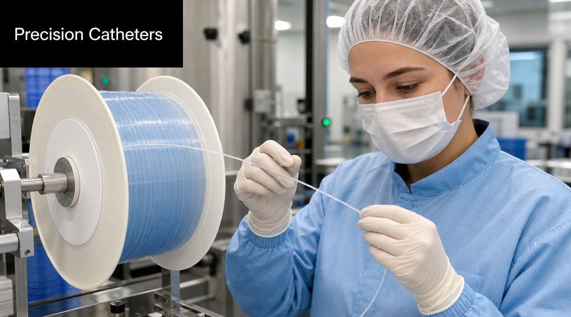 A worker in a cleanroom environment inspecting a thin medical catheter filament on a large spool.