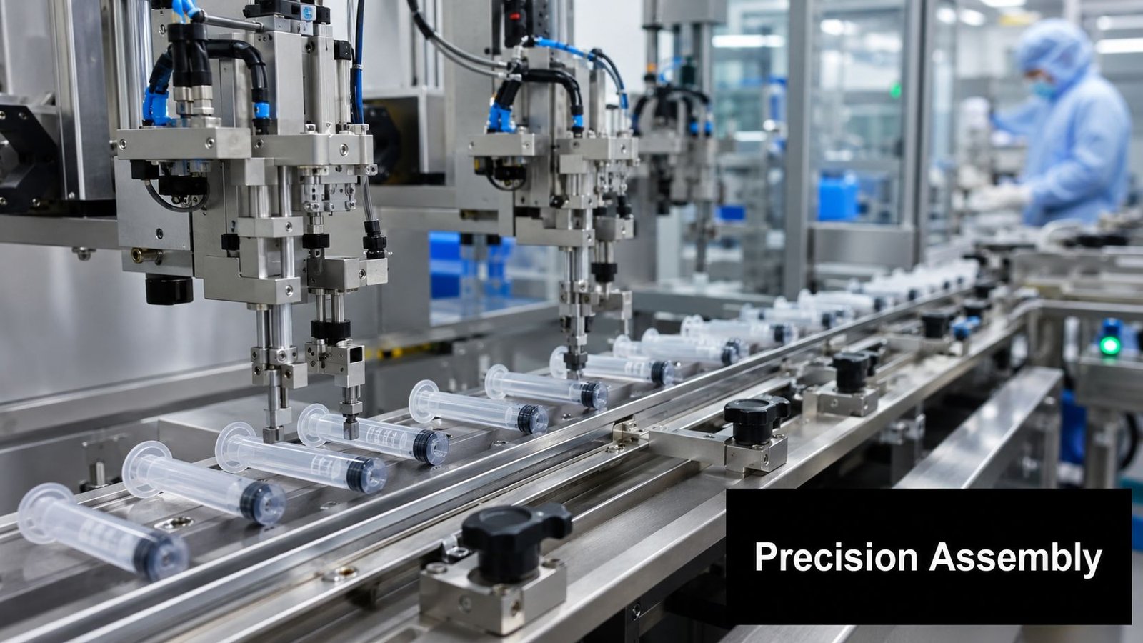 Automated industrial machinery assembling clear plastic medical syringes on a clean room conveyor belt production line.