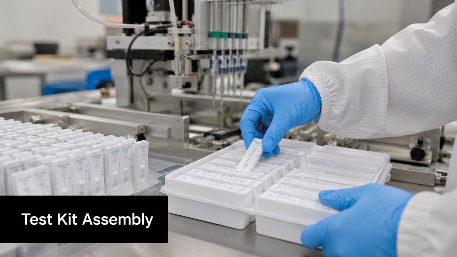 A gloved worker in a cleanroom environment carefully assembles rapid COVID-19 testing kits on a production line.