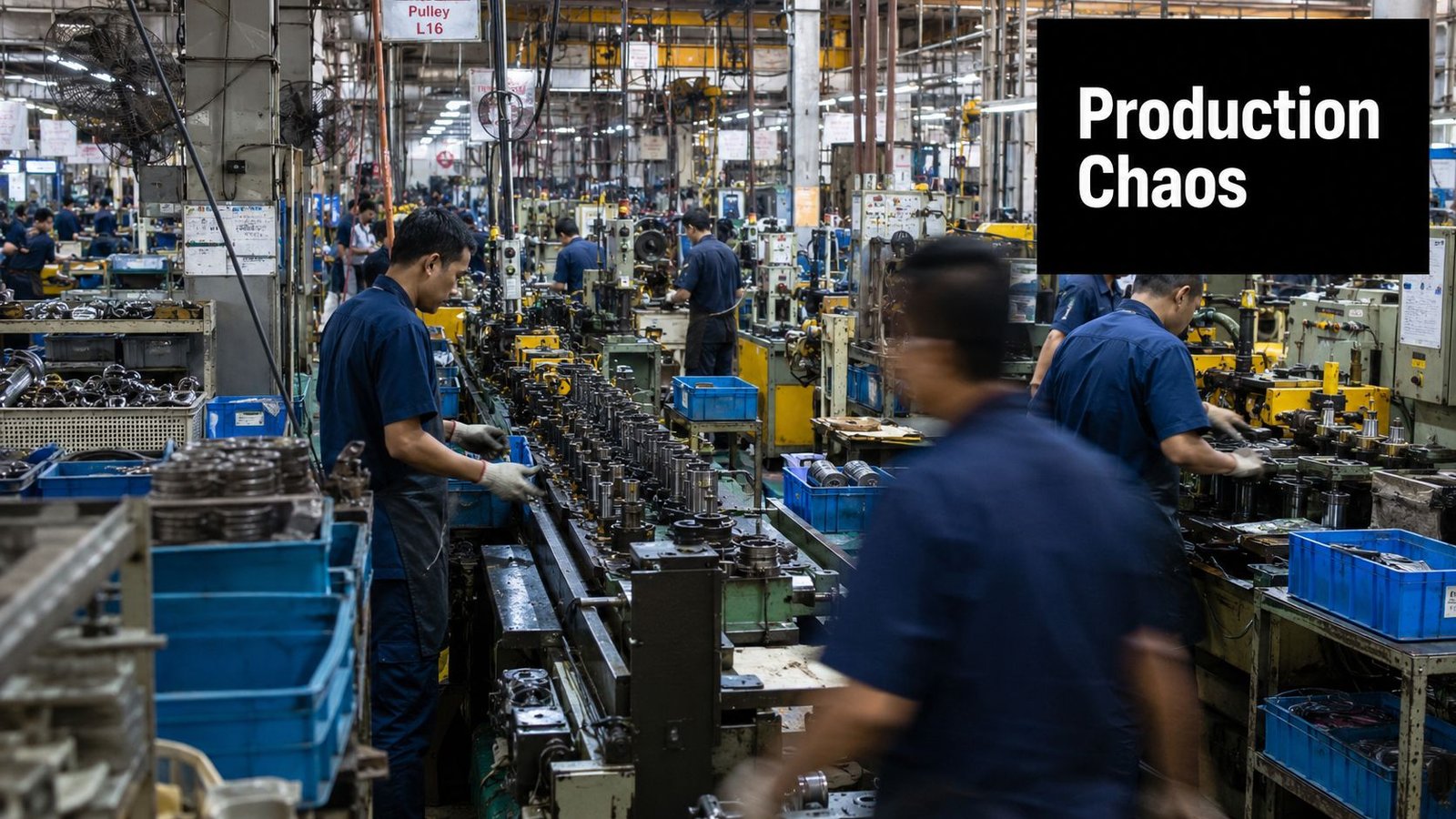Workers in blue uniforms operate industrial machinery on a busy factory floor with metal parts in bins.