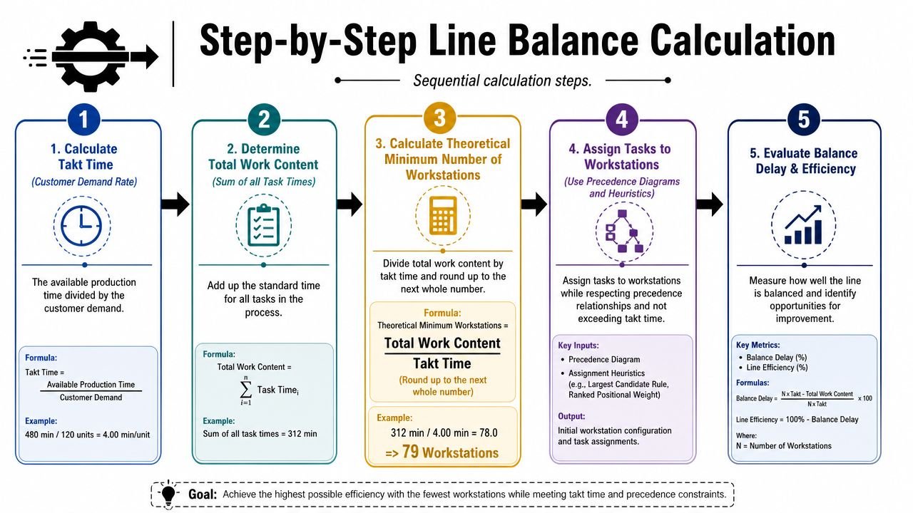 A flowchart showing five sequential steps for calculating production line balance including takt time and workstation allocation.