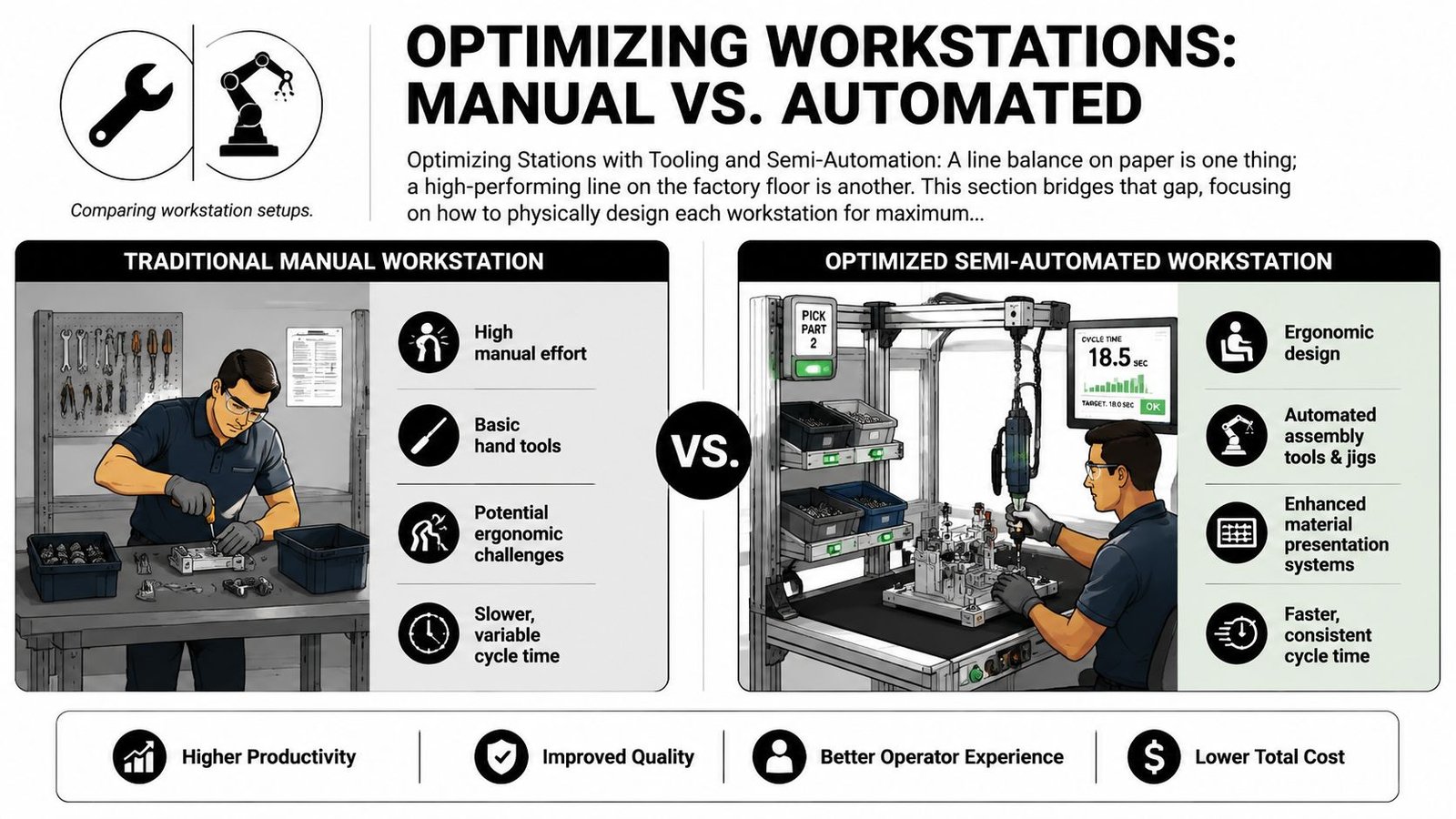 A comparison infographic between a traditional manual workstation and an optimized semi-automated industrial assembly workstation.
