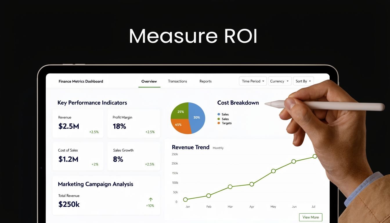 A hand using a digital pen on a tablet displaying a financial dashboard with performance metrics.
