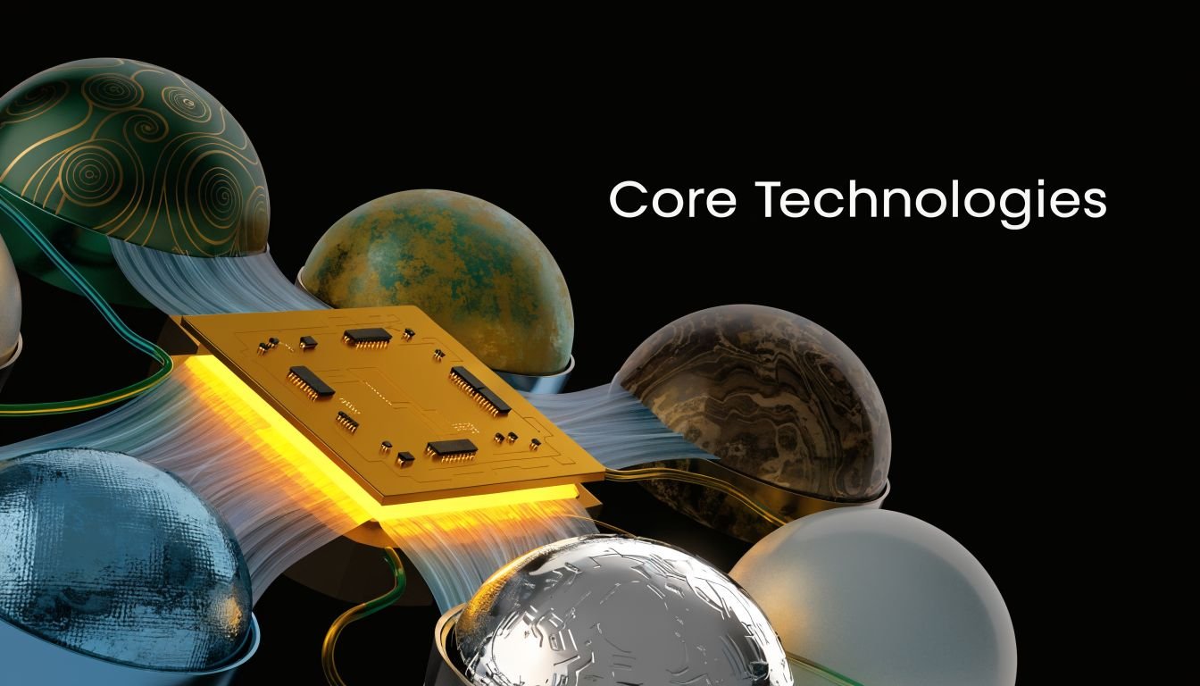A golden computer processor chip connected by streams of light to several abstract spherical planets in space.