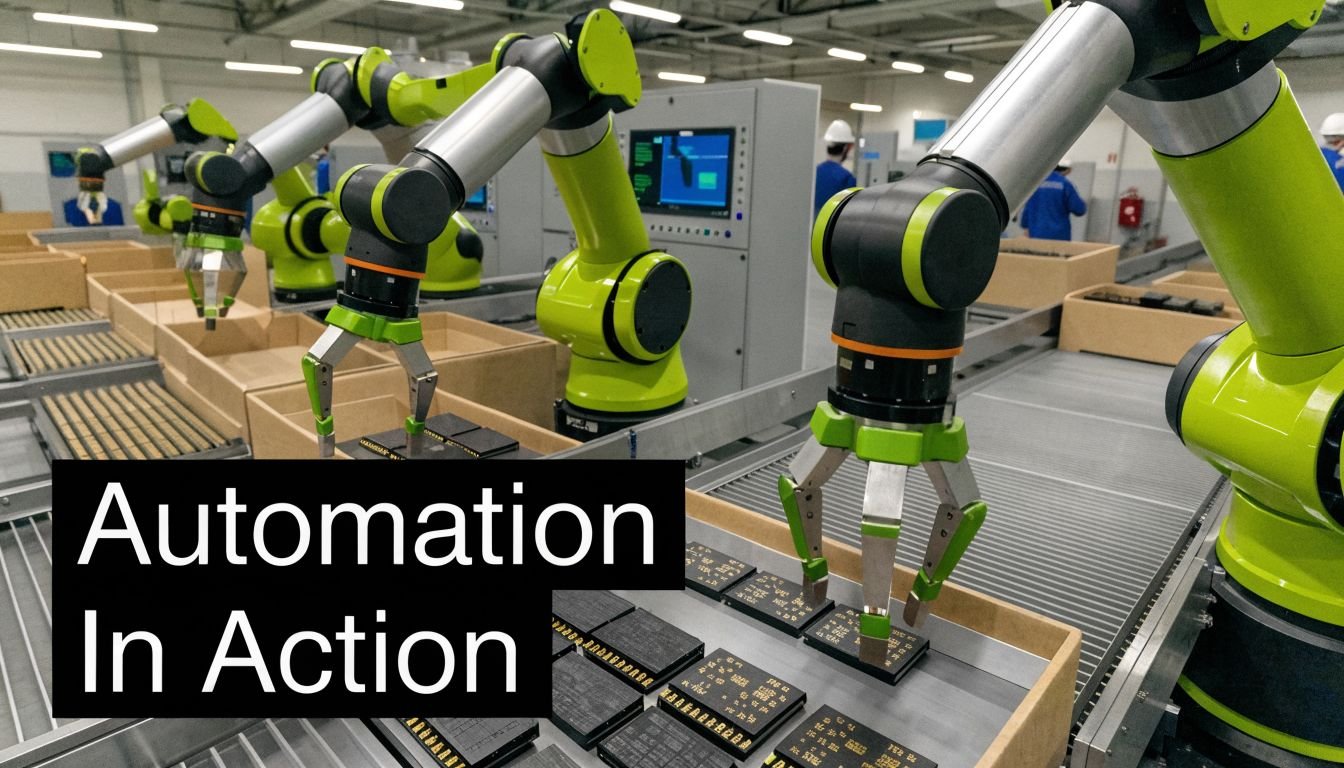Multiple industrial robotic arms with green accents working on a production line in a modern factory.