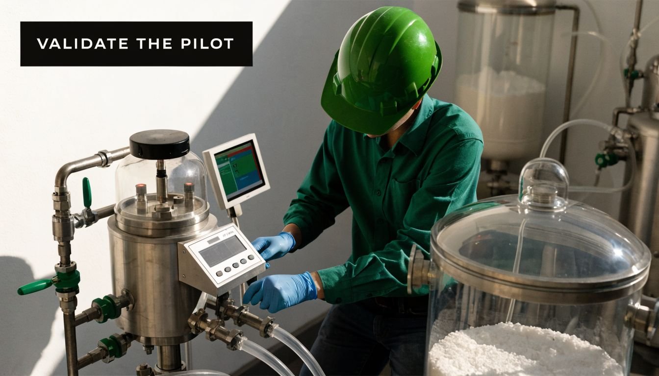 A chemical engineer in a green hard hat and gloves operating industrial pilot plant equipment.