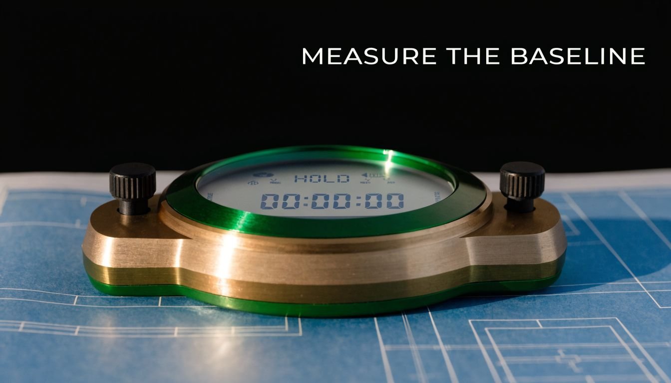 A green and bronze digital stopwatch sitting on a blue architectural blueprint under a dramatic light.