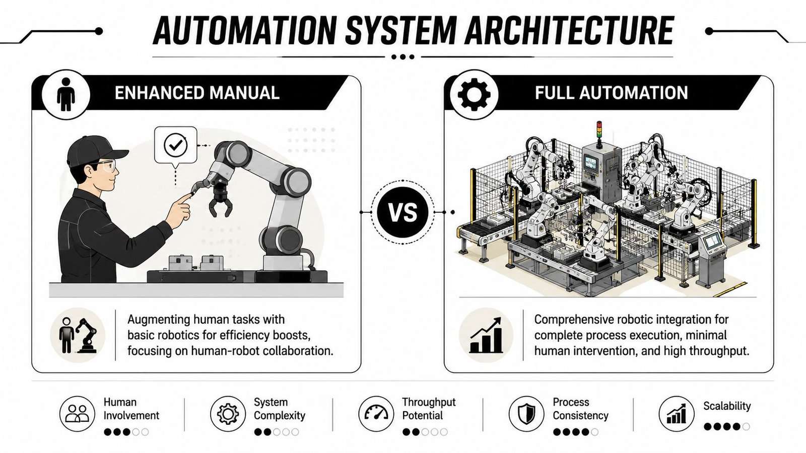 A comparison infographic showing the difference between human-robot collaboration and fully automated industrial robotic systems.