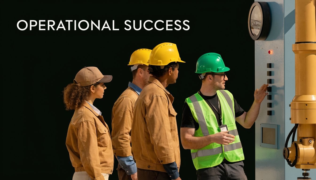 A diverse group of technicians inspecting and operating industrial machinery controls for operational success.