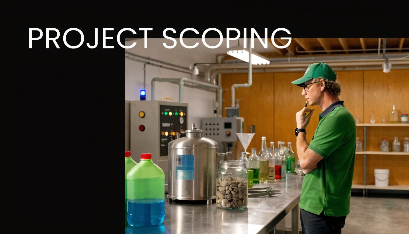 A professional in a green shirt and cap contemplating project scoping in a laboratory setting.