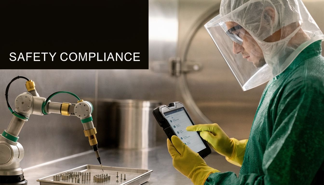 A technician wearing a cleanroom suit and gloves uses a tablet to operate a robotic manufacturing arm.