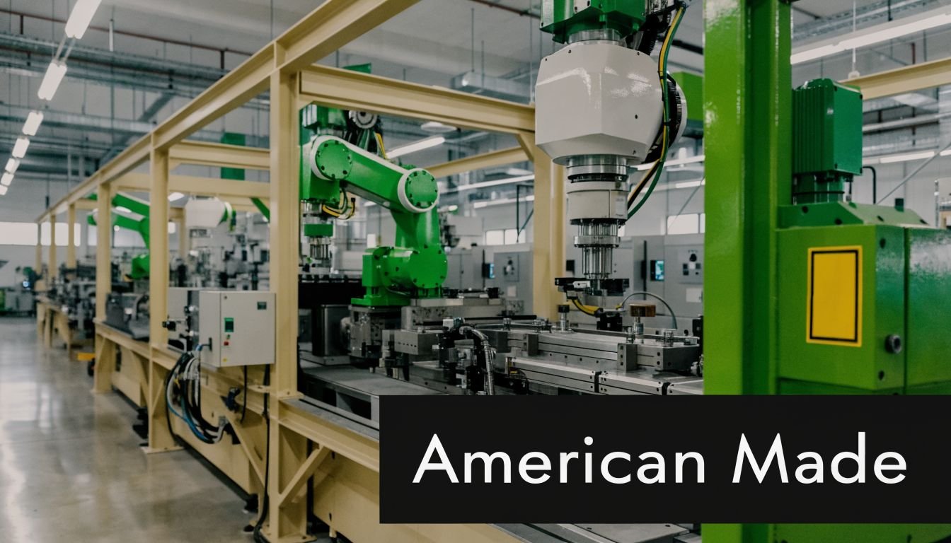 Automated industrial assembly line featuring green robotic arms in a brightly lit modern manufacturing facility.