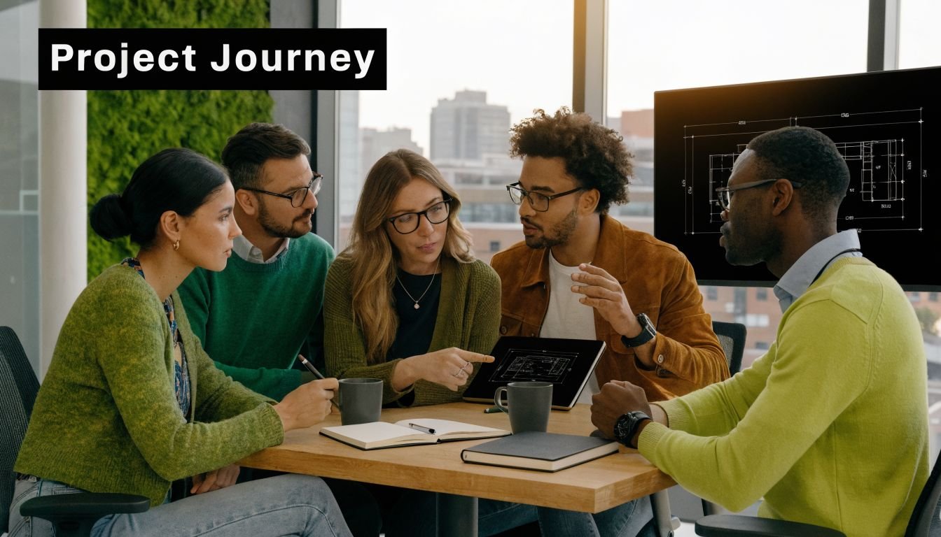 A diverse group of professional colleagues collaborating on an architectural project in a modern office space.