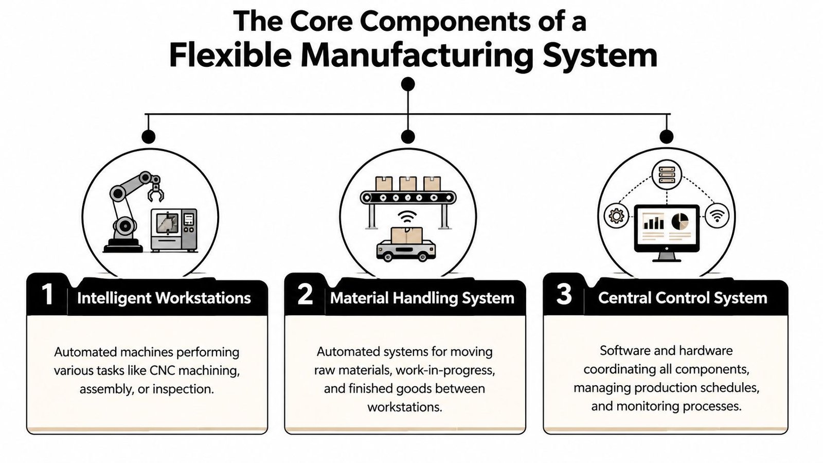 A diagram illustrating the three core components of a flexible manufacturing system including workstations, handling, and control.