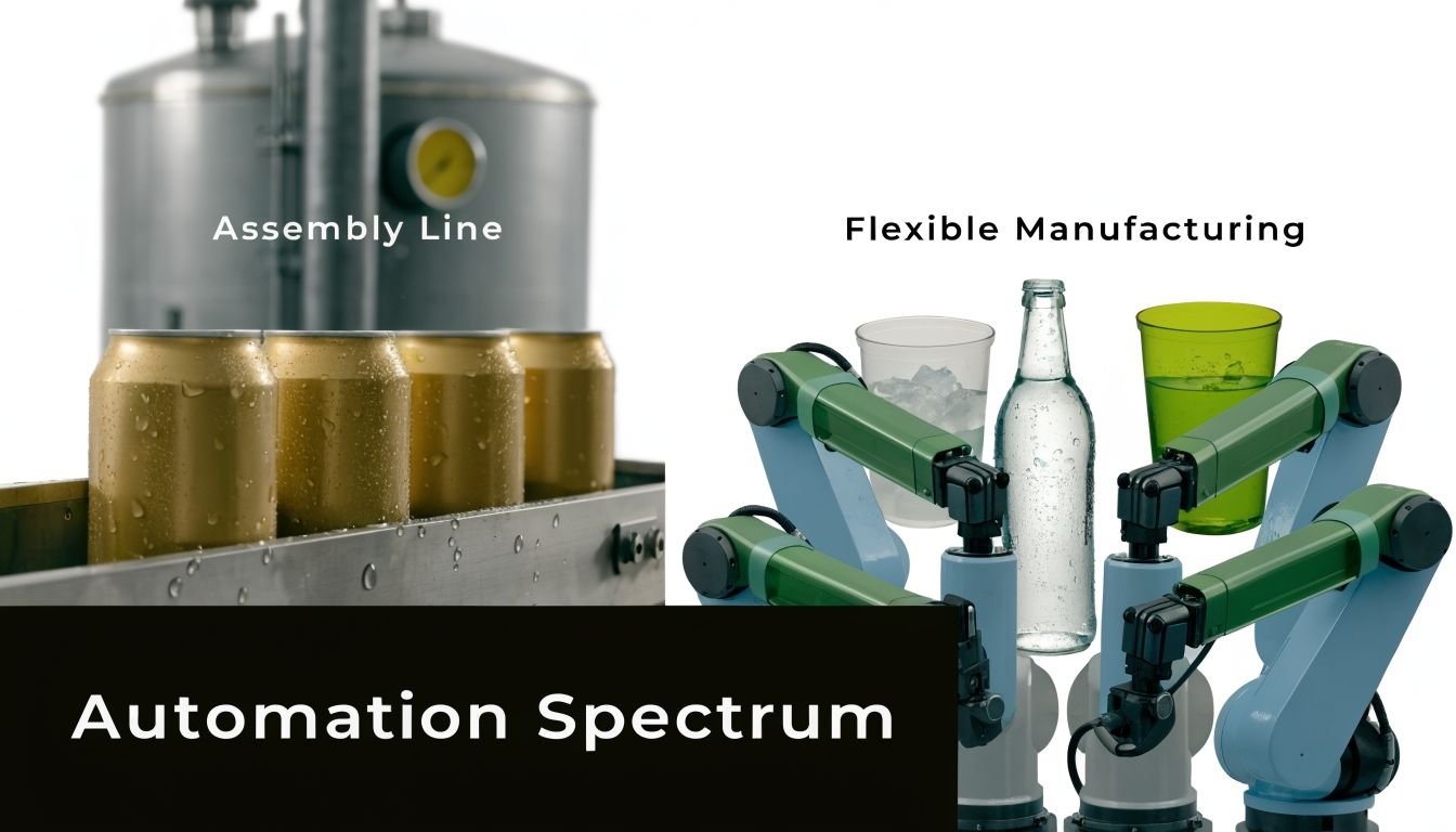 A conceptual graphic contrasting a traditional industrial assembly line with advanced flexible robotic manufacturing systems.