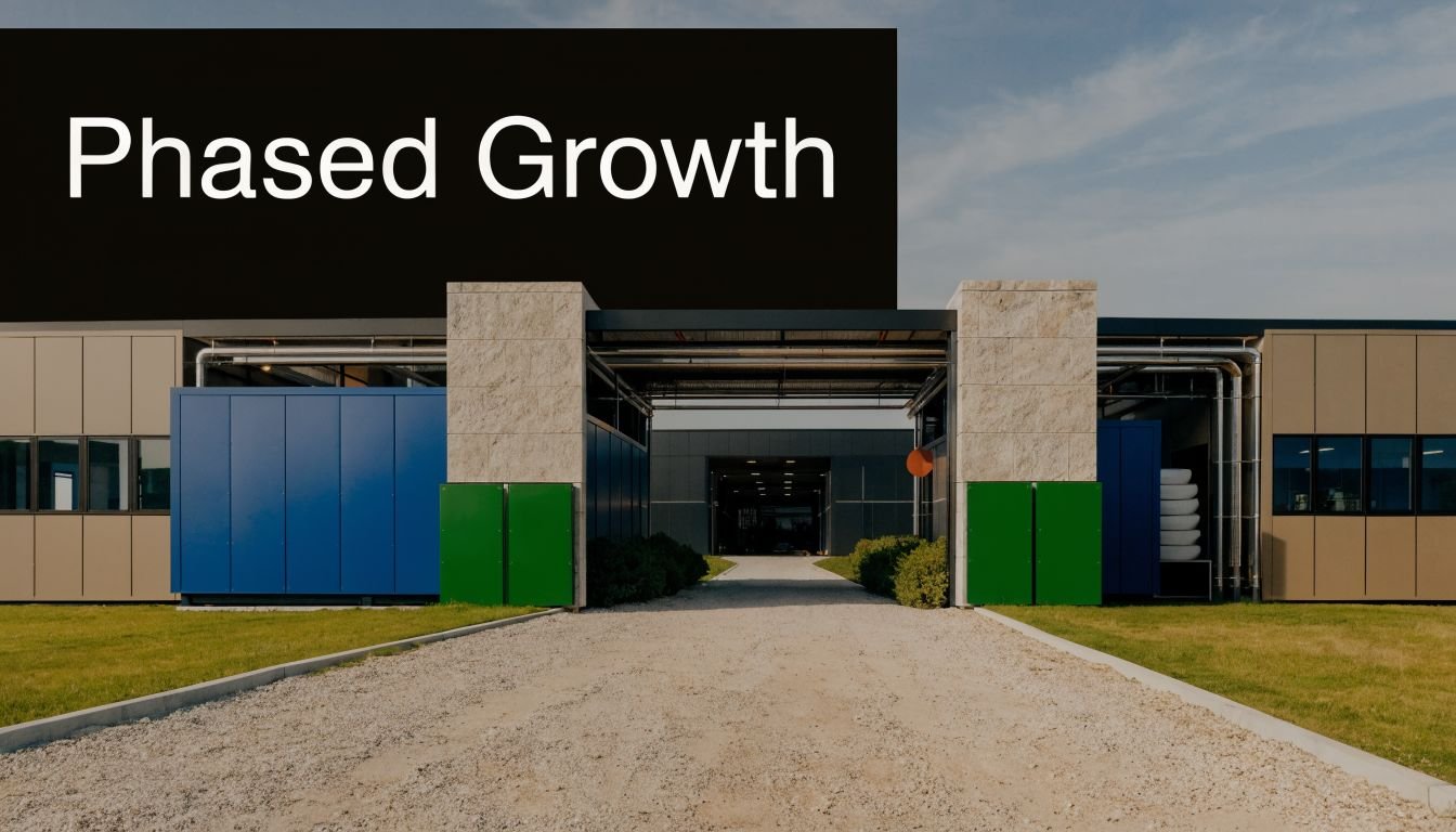 A modern industrial facility with a gravel path leading to the entrance, labeled with Phased Growth.