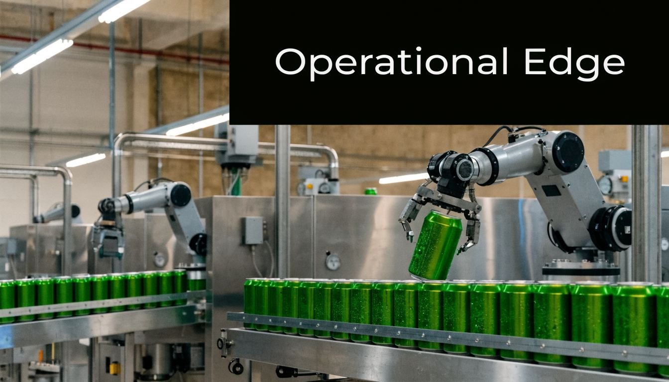 Robotic arms on an assembly line handling green metal beverage cans in a modern industrial factory setting.