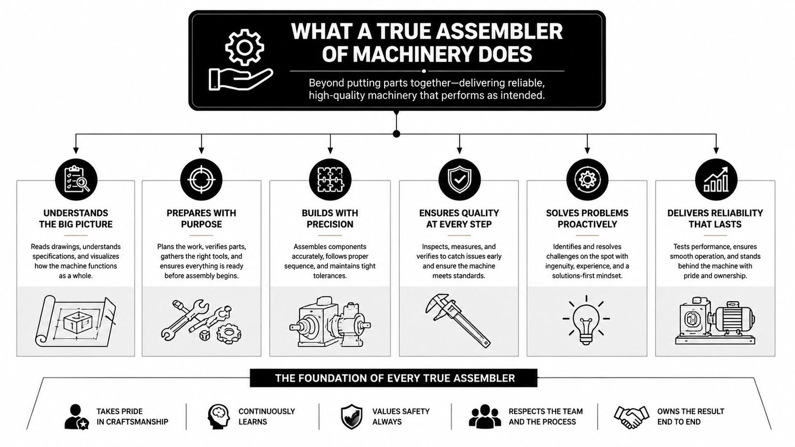 A professional infographic outlining the essential skills and values of a true machinery assembler.