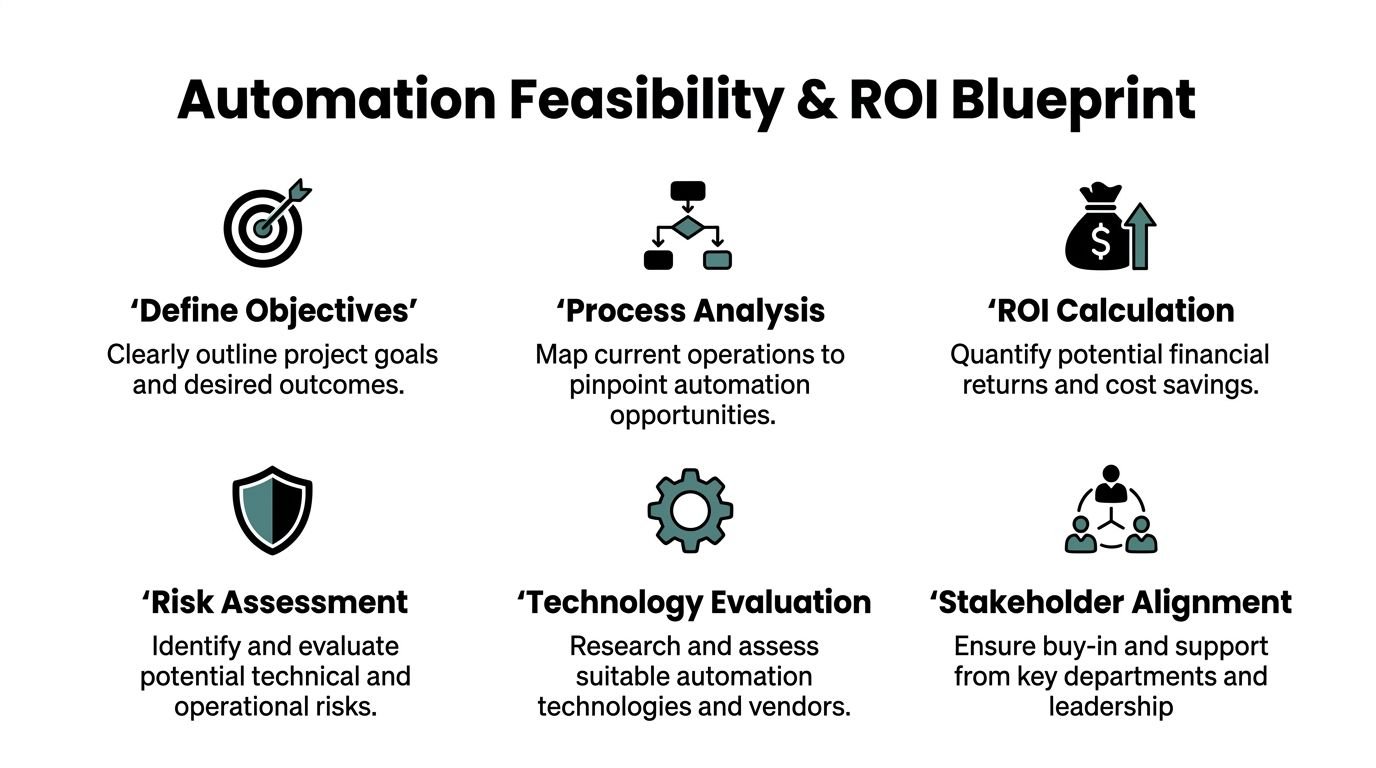 A diagram outlining the six key steps for assessing automation project feasibility and return on investment.