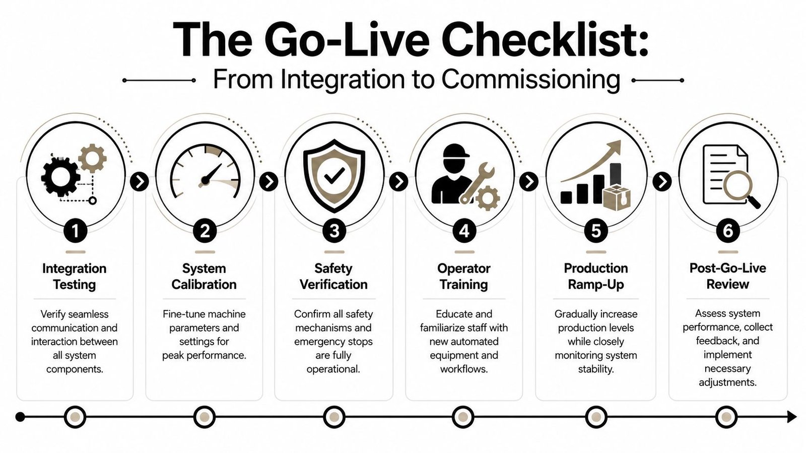 A six-step checklist diagram outlining the commissioning process for industrial automation from integration to post-go-live review.