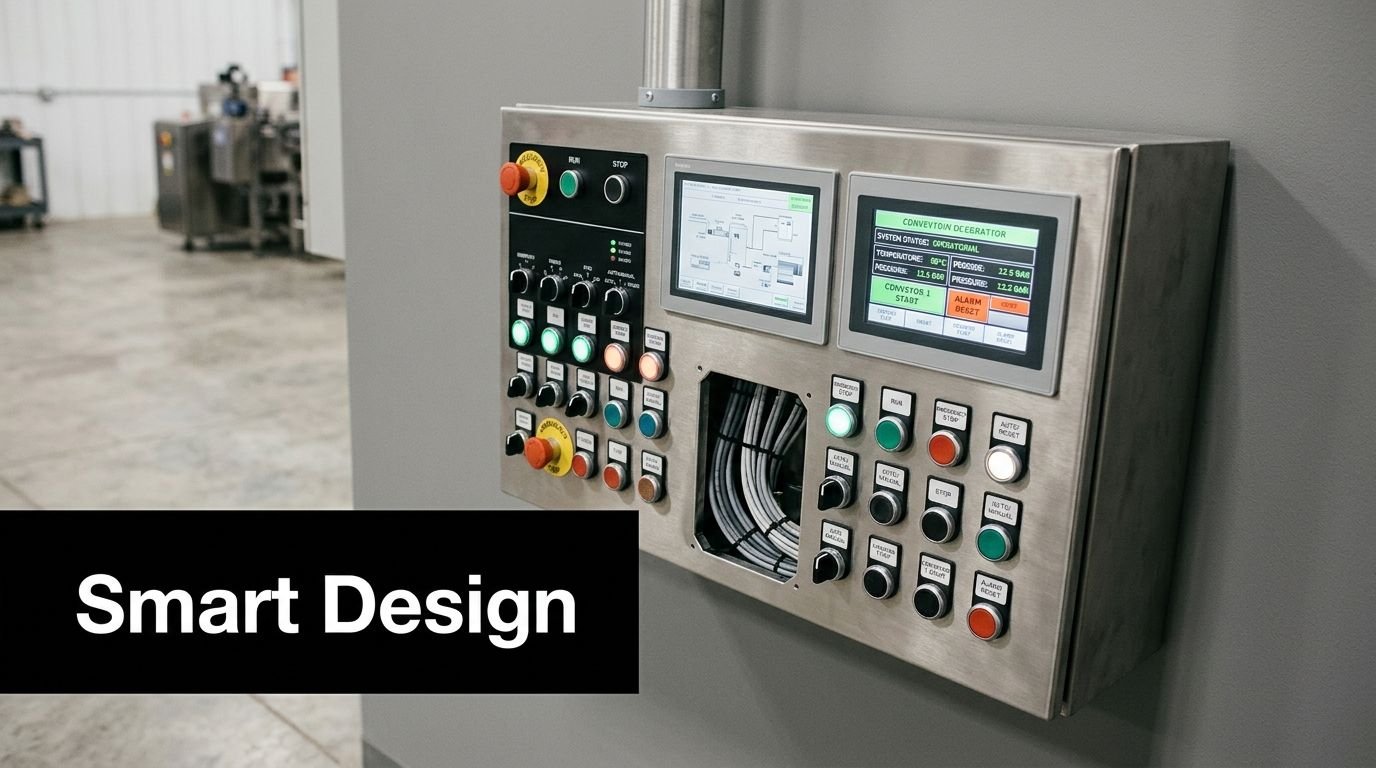 A stainless steel control panel for industrial assembly line automation mounted on a gray wall in a facility.