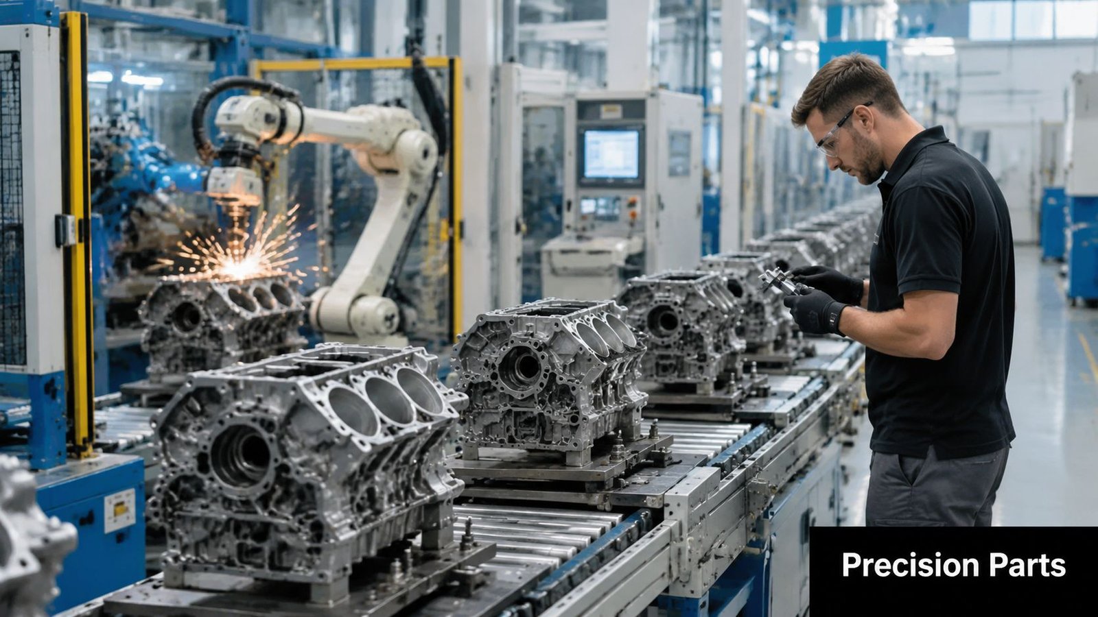 A factory worker inspecting a metal engine block on an automated assembly line with robotic equipment.
