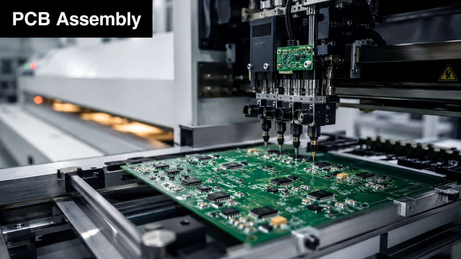 An automated pick and place machine installing electronic components onto a printed circuit board for manufacturing.