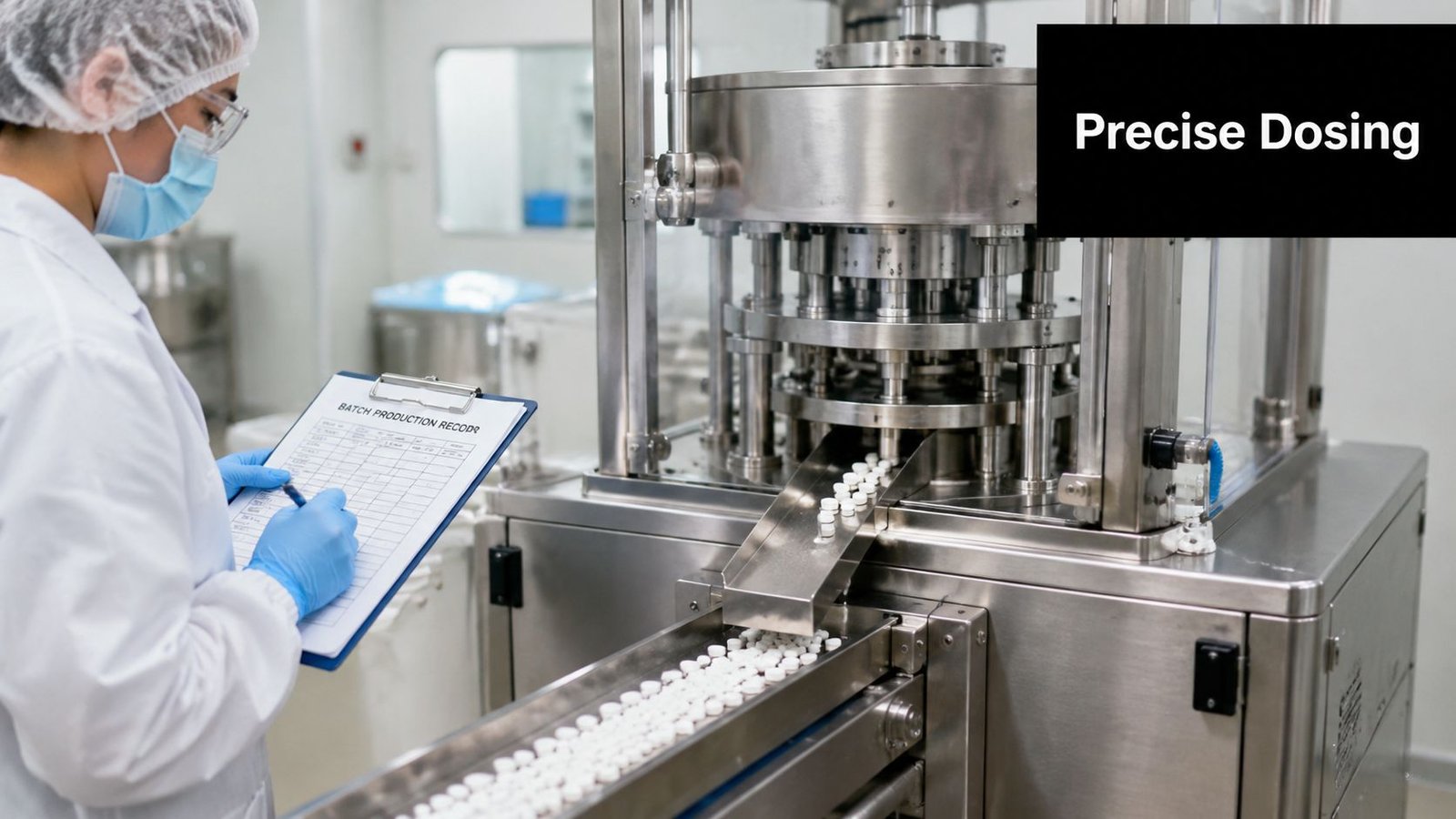 A pharmaceutical technician in protective gear records data near an industrial pill manufacturing assembly line machine.