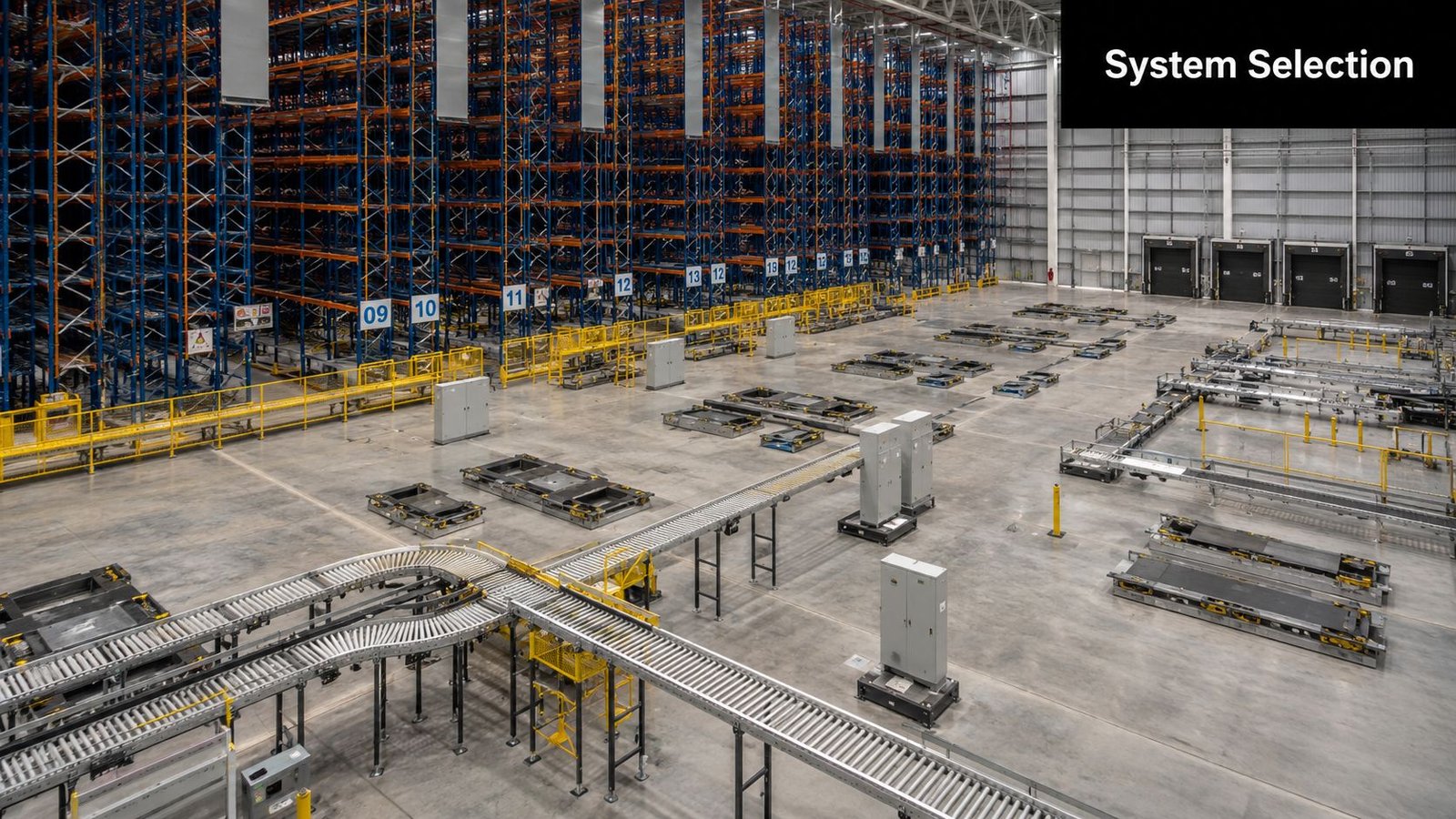 An expansive automated warehouse facility with high metal storage racks and conveyor belt sorting systems on floor.